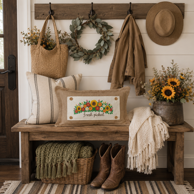 NEW!  PANEL ONLY:  Fall leaves floral sunflower Autumn FRESH PICKED FLOWERS