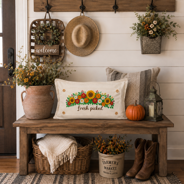 NEW!  PANEL ONLY:  Fall leaves floral sunflower Autumn FRESH PICKED FLOWERS