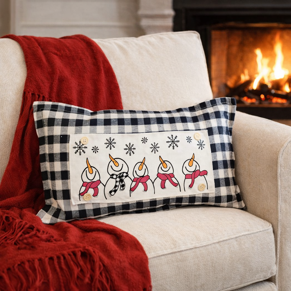 PANEL ONLY: 
RECTANGLE Season Panel: Winter January Decor Snow Snowflake Christmas; Singing Chorus Caroling Scarf Dancing Happy SNOWMAN SCARVES