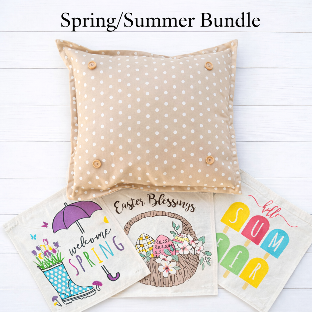 NEW! SPRING/SUMMER BUNDLE:  3 seasons +TAN POLKA DOT pillow: SPRING BOOTS, EASTER BASKET, SUMMER POPSICLES