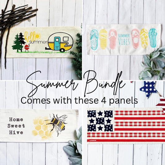 BUNDLE DEAL: Summer Sunshine Panels (4 pack) SAVE!!!: HOME SWEET HIVE / QUILTED BARN FLAG / VINTAGE FLIP FLOPS / SUMMER CAMPER