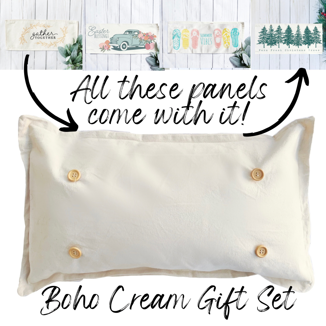 SEASONAL BUNDLE SET: Natural Cream Boho Pillow (comes with foam insert and these 4 panels in back pocket); Winter Spring Summer Fall Autumn: Gather Together Easter Truck, Summer Flip Flops, Fresh Farm Christmas Trees