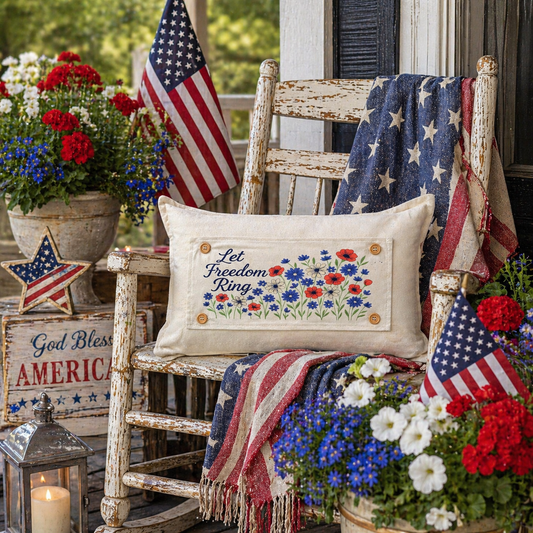 Holiday Panel: Summer; 4th of July Flower Field Patriotic Poppy Red, White, Blue American LET FREEOM RING FLORAL