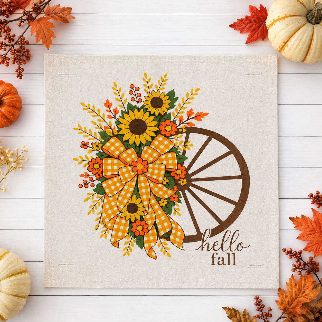 PANEL ONLY: SQUARE Fall, Autumn  Fall Leaf Leaves Gingham Bow fall flowers wheat swag WAGON WHEEL