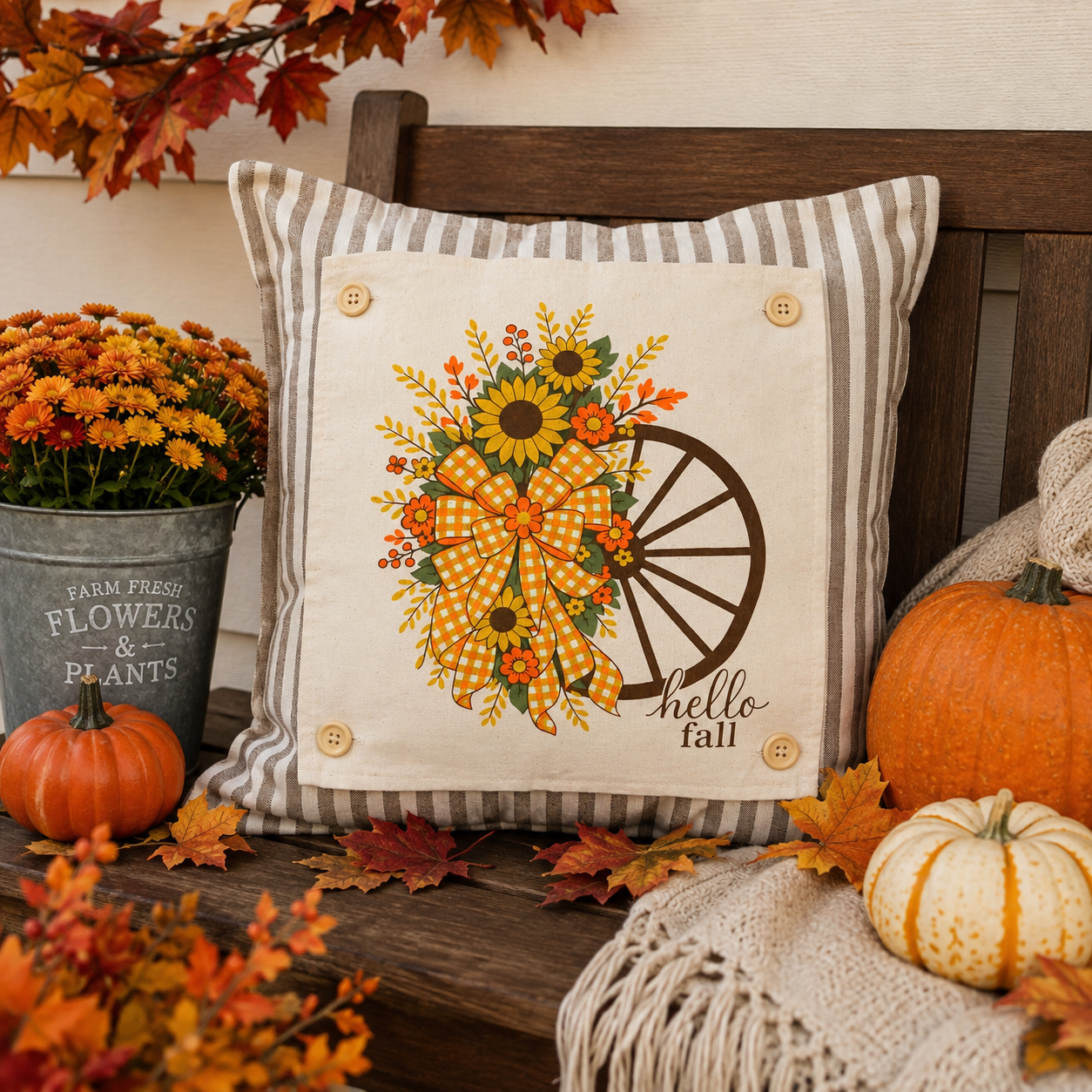 PANEL ONLY: SQUARE Fall, Autumn  Fall Leaf Leaves Gingham Bow fall flowers wheat swag WAGON WHEEL