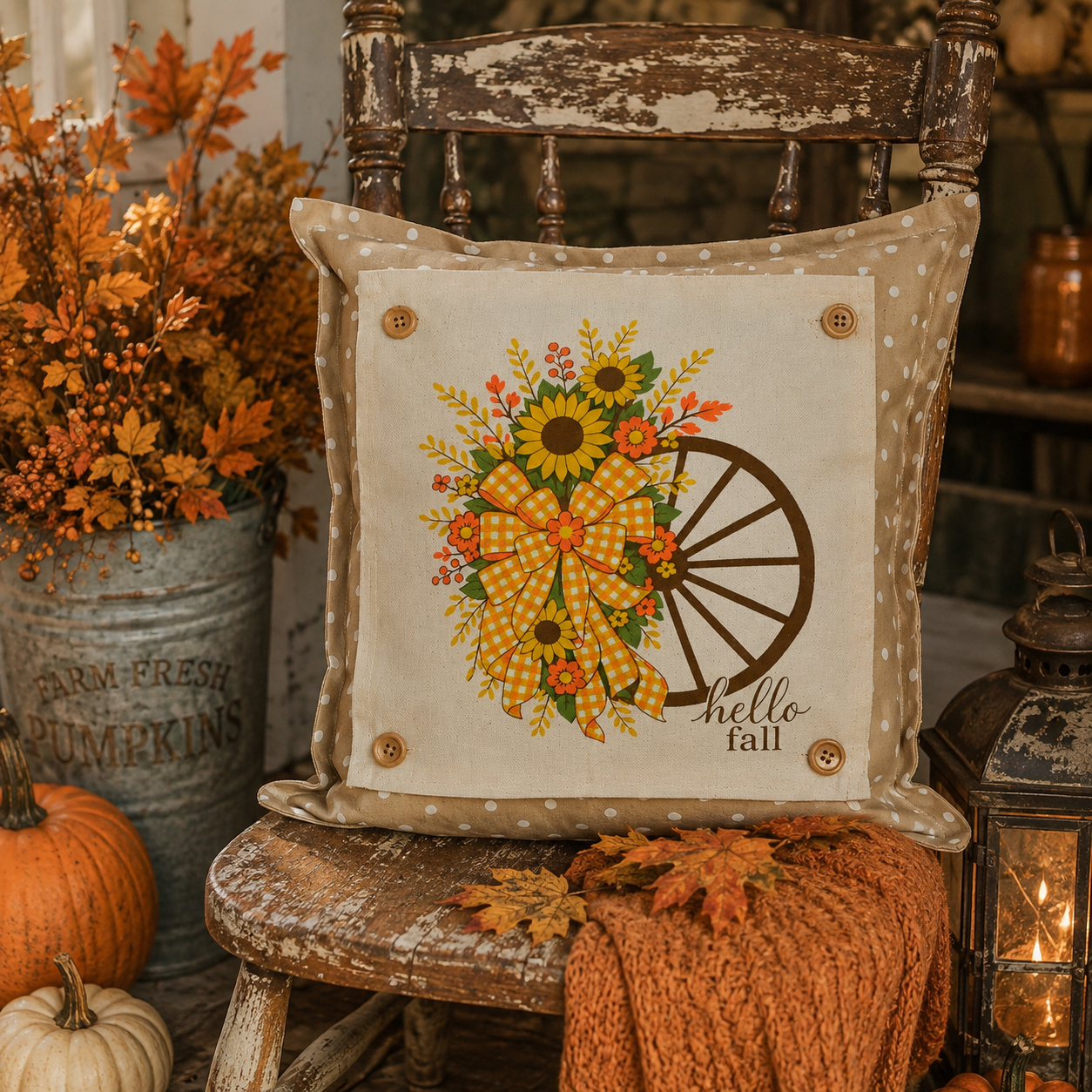 PANEL ONLY: SQUARE Fall, Autumn  Fall Leaf Leaves Gingham Bow fall flowers wheat swag WAGON WHEEL