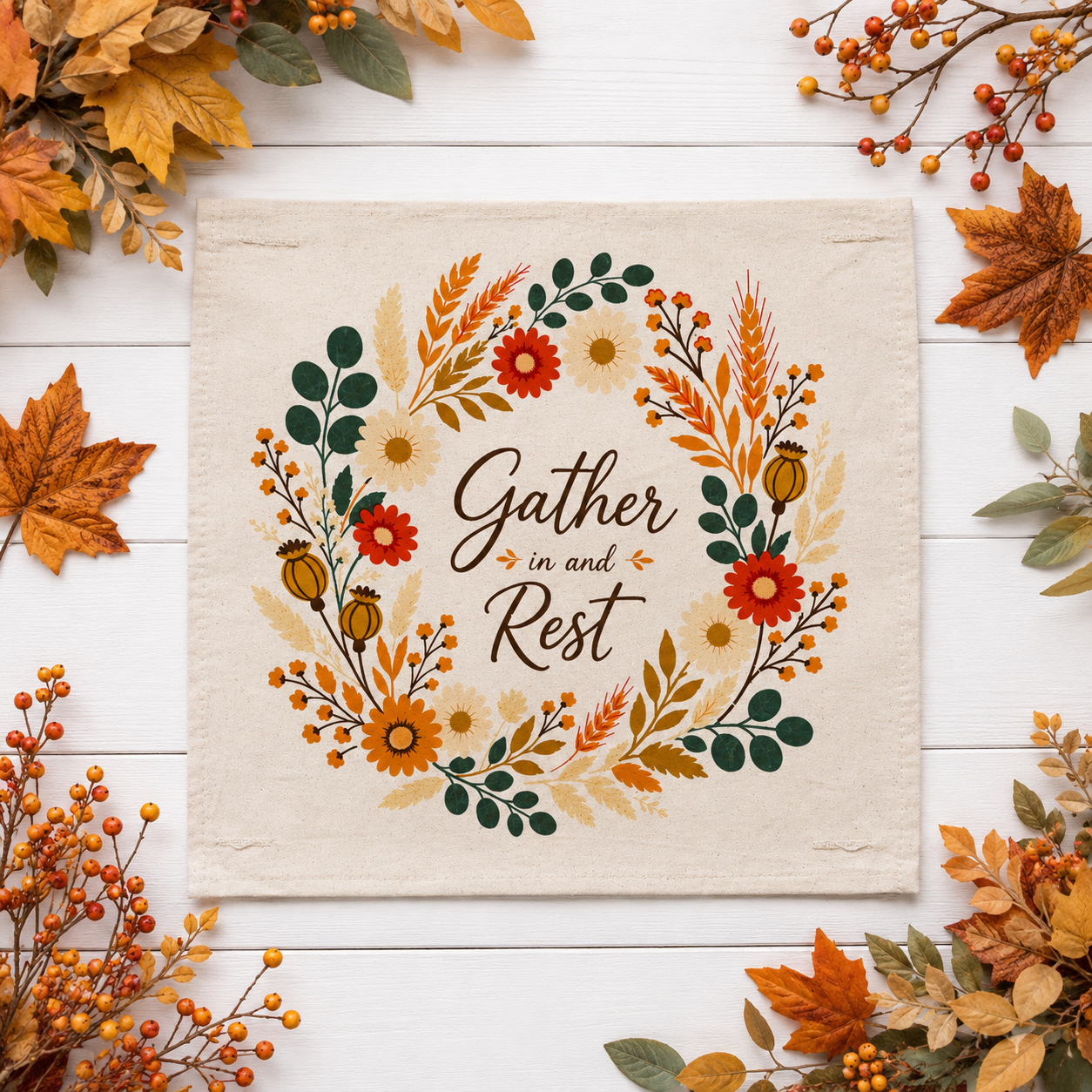 PANEL ONLY: SQUARE Fall Autumn leaves wreath GATHER IN AND REST