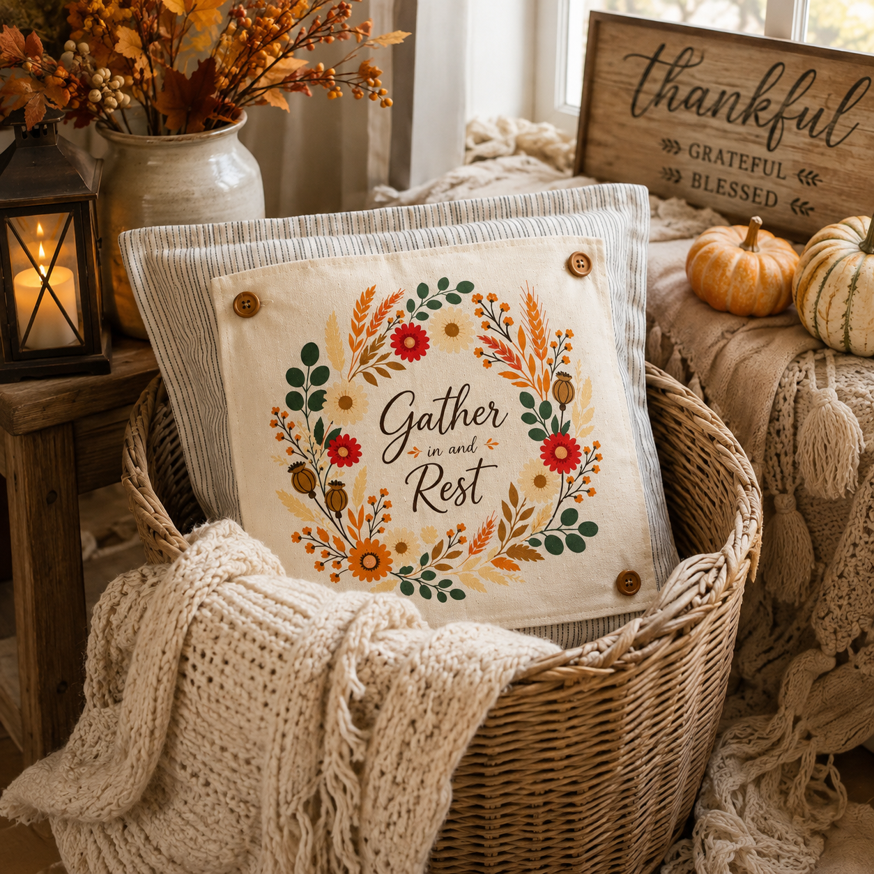 PANEL ONLY: SQUARE Fall Autumn leaves wreath GATHER IN AND REST