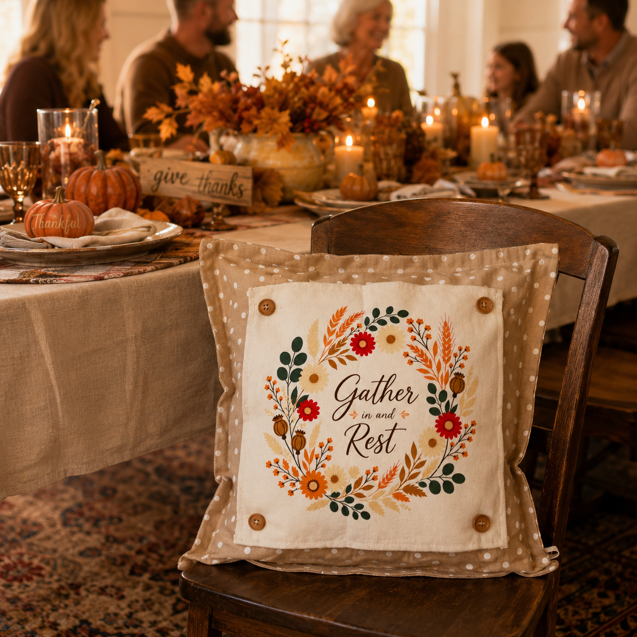 PANEL ONLY: SQUARE Fall Autumn leaves wreath GATHER IN AND REST