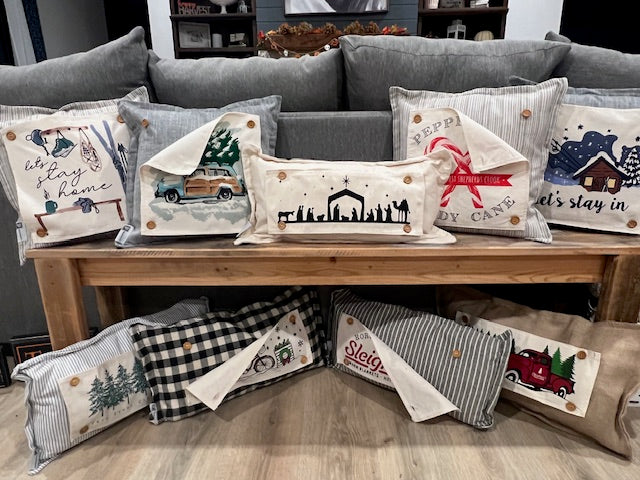 NEW! Custom Fall Wedding Gift Bundle:  2 seasons + BURLAP pillow + custom last name panel: SUNFLOWER JARS, NATIVITY, CUSTOM LAST NAME PANEL