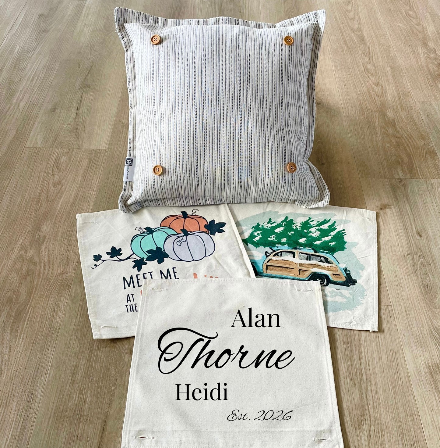 NEW! Custom Fall Wedding Gift Bundle:  2 seasons + SQUARE TICKING STRIPE pillow + custom last name panel: PUMPKIN PATCH, STATION WAGON, CUSTOM LAST NAME PANEL