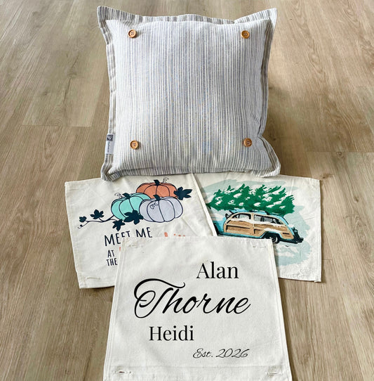 NEW! Custom Fall Wedding Gift Bundle:  2 seasons + SQUARE TICKING STRIPE pillow + custom last name panel: PUMPKIN PATCH, STATION WAGON, CUSTOM LAST NAME PANEL