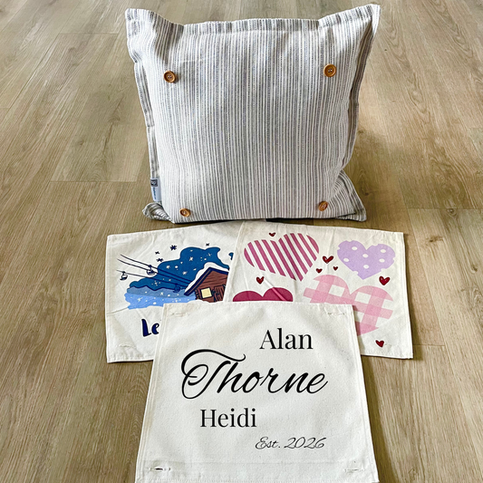NEW! Custom Winter Wedding Gift Bundle:  2 seasons + SQUARE TICKING STRIPE pillow + custom last name panel:  SKI LODGE, HEARTS, CUSTOM LAST NAME PANEL