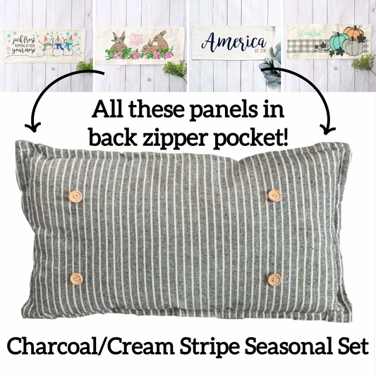 SEASONAL BUNDLE SET: Charcoal/Cream Stripes Pillow (comes with foam insert and these 4 panels in back pocket); Winter Spring Summer Fall Autumn: THANKFUL PUMPKINS, JACK FROST SNOWMAN, BUNNY HOP EASTER, AMERICAN 1776