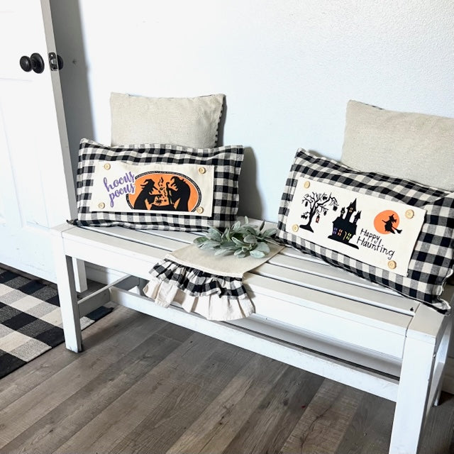 NEW! BUNDLE SET: Burlap Idaho Potato Farm Sack Bag Pillow  (comes with insert and these 3 panels inside back pocket); Winter Spring Summer Fall Autumn: HAUNTED HOUSE, TRACTOR, SLEIGH RIDE