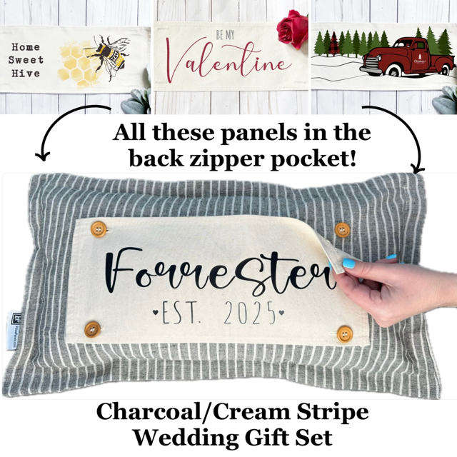 Custom Wedding Gift Bundle:  3 seasons + CHARCOAL/GALVINIZED STRIPES pillow + custom last name panel & BEEHIVE / NEW CMAS TRUCK / BE MY VALENTINES / CUSTOM LAST NAME PANEL