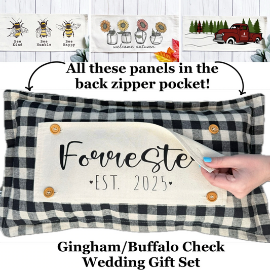 Custom Wedding Gift Bundle:  3 seasons + GINGHAM/BUFFALO CHECK pillow + custom last name panel: 3 BEES BEE KIND / SUNFLOWER JARS / VINTAGE CHRISTMAS TREE TRUCK /CUSTOM LAST NAME PANEL