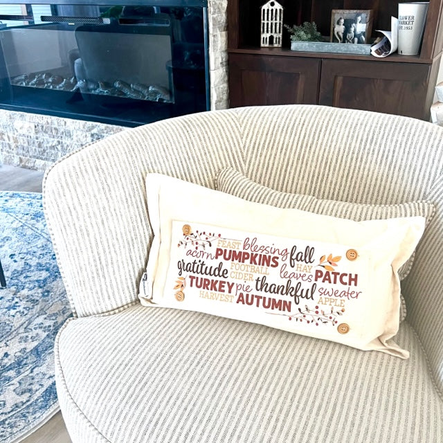 NEW BUNDLE SET: CHARCOAL & CREAM STRIPES Pillow (comes with foam insert and these 3 panels in back pocket); Winter Spring Summer Fall Autumn; TRICK OR TREAT, SUBWAY WORDS, MERRY & BRIGHT