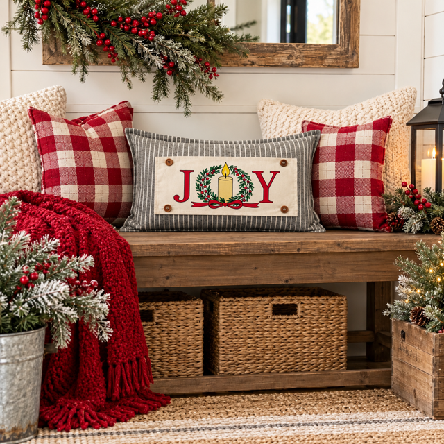 NEW! PANEL ONLY: RECTANGLE Winter; Vintage Christmas, Santa, Pine Wreath, Holly Berries; JOY WREATH