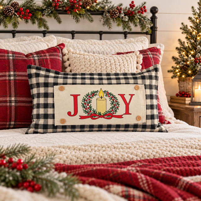 NEW! PANEL ONLY: RECTANGLE Winter; Vintage Christmas, Santa, Pine Wreath, Holly Berries; JOY WREATH