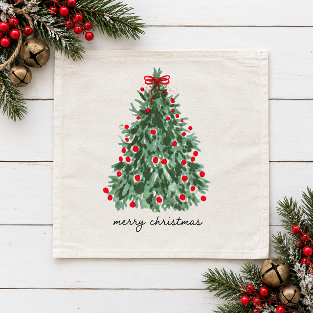 PANEL ONLY: SQUARE Christmas Green Red Bow; MERRY CHRISTMAS TREE