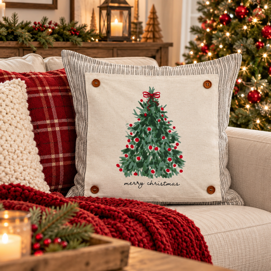PANEL ONLY: SQUARE Christmas Green Red Bow; MERRY CHRISTMAS TREE