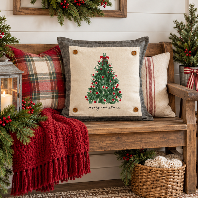 PANEL ONLY: SQUARE Christmas Green Red Bow; MERRY CHRISTMAS TREE