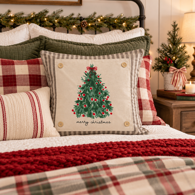 PANEL ONLY: SQUARE Christmas Green Red Bow; MERRY CHRISTMAS TREE