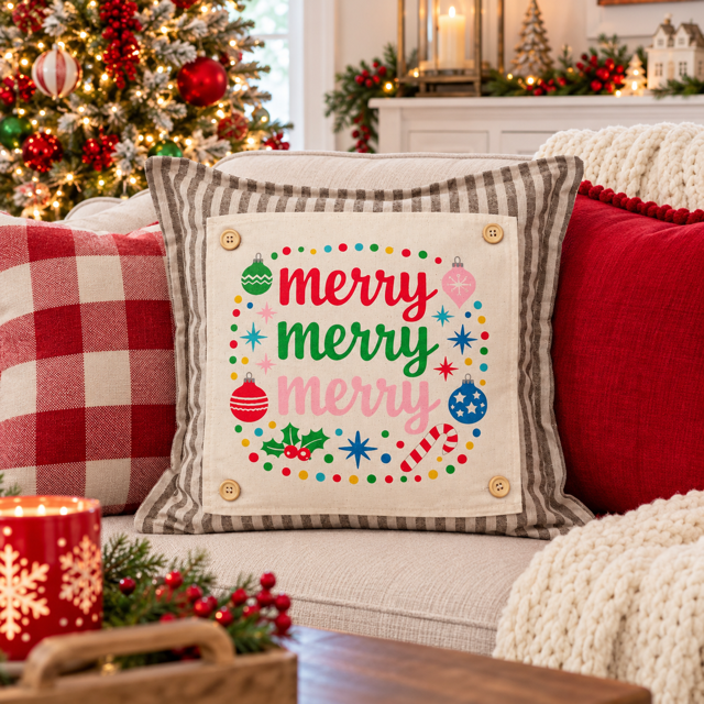 PANEL ONLY: SQUARE Christmas Bright Colorful Ornaments Candy Canes Holly; MERRY MERRY MERRY