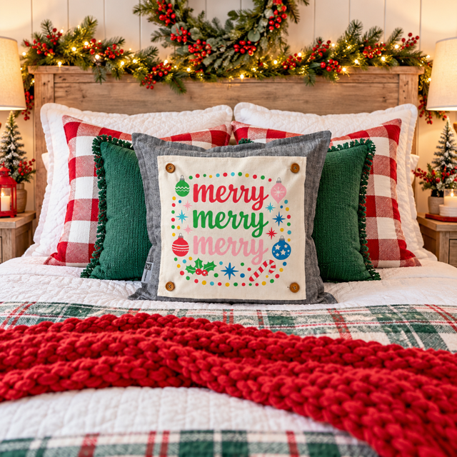 PANEL ONLY: SQUARE Christmas Bright Colorful Ornaments Candy Canes Holly; MERRY MERRY MERRY