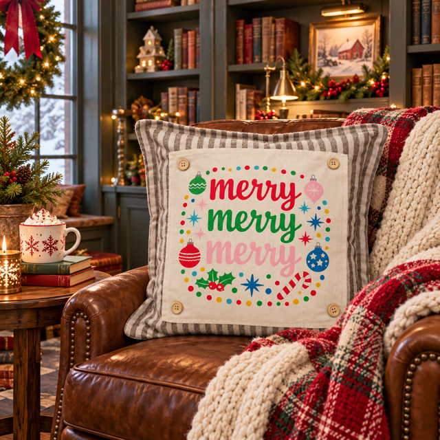 PANEL ONLY: SQUARE Christmas Bright Colorful Ornaments Candy Canes Holly; MERRY MERRY MERRY