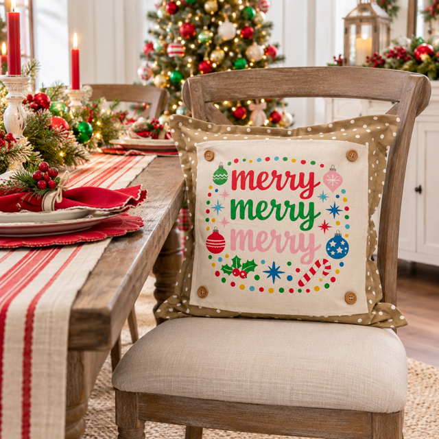 PANEL ONLY: SQUARE Christmas Bright Colorful Ornaments Candy Canes Holly; MERRY MERRY MERRY