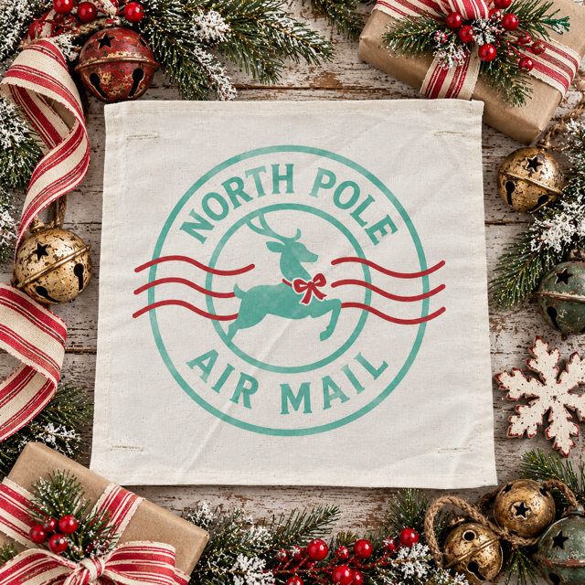 PANEL ONLY: SQUARE Christmas Green Red Reindeer; NORTH POLE STAMP