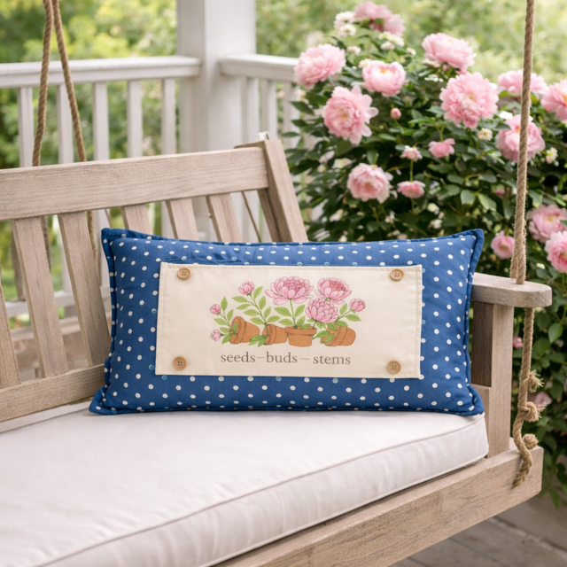 PILLOW ONLY RECTANGLE denim country blue with white polka dots: BLUE POLKA-DOT PILLOW (with fluffy insert)