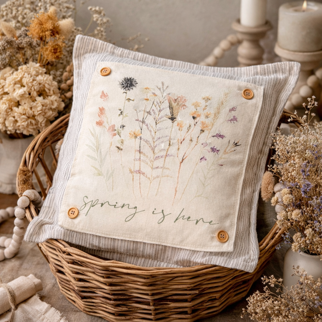 NEW! SQUARE BUNDLE SET: TICKING STRIPES PILLOW (comes with foam insert and these 3 panels in back pocket); throw pillow Winter : SKI BENCH, HEARTS, PRESSED FLOWERS