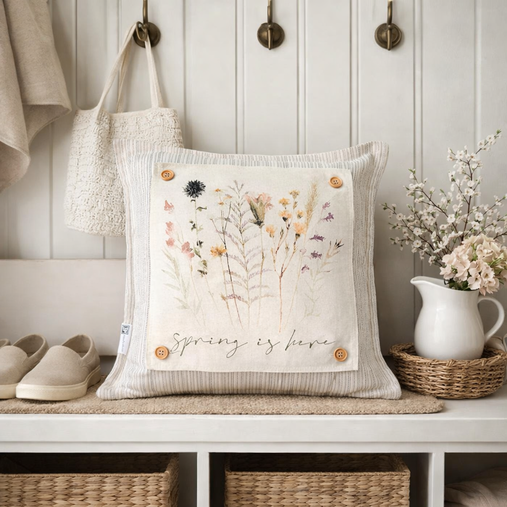 NEW! SQUARE BUNDLE SET: TICKING STRIPES PILLOW (comes with foam insert and these 3 panels in back pocket); throw pillow Winter : SKI BENCH, HEARTS, PRESSED FLOWERS