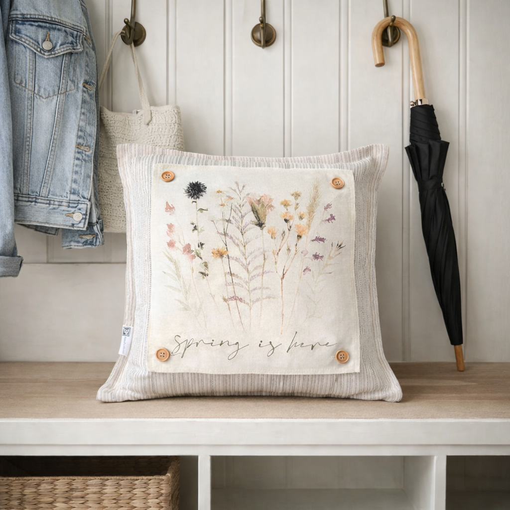 NEW! SQUARE BUNDLE SET: TICKING STRIPES PILLOW (comes with foam insert and these 3 panels in back pocket); throw pillow Winter : SKI BENCH, HEARTS, PRESSED FLOWERS