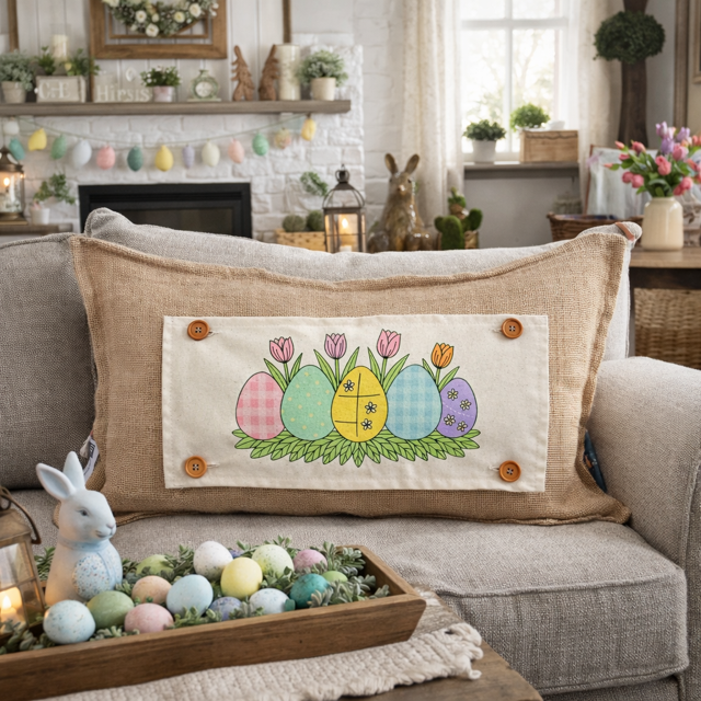 PANEL ONLY: RECTANGLE Spring, Pastel, Bunny, Buffalo Check, Checkered  Gingham; PASTEL QUILTED EGGS  with TUILIPS