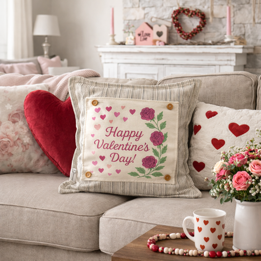 PANEL ONLY: SQUARE Holiday Pure & Simple Aesthetic Classy Clean Boho Heart Cursive Honest Natural Love Winter, Valentine's, Hearts, Red, Pink, Polk-a-dot: SQUARE ROSES HAPPY VALENTINE'S DAY