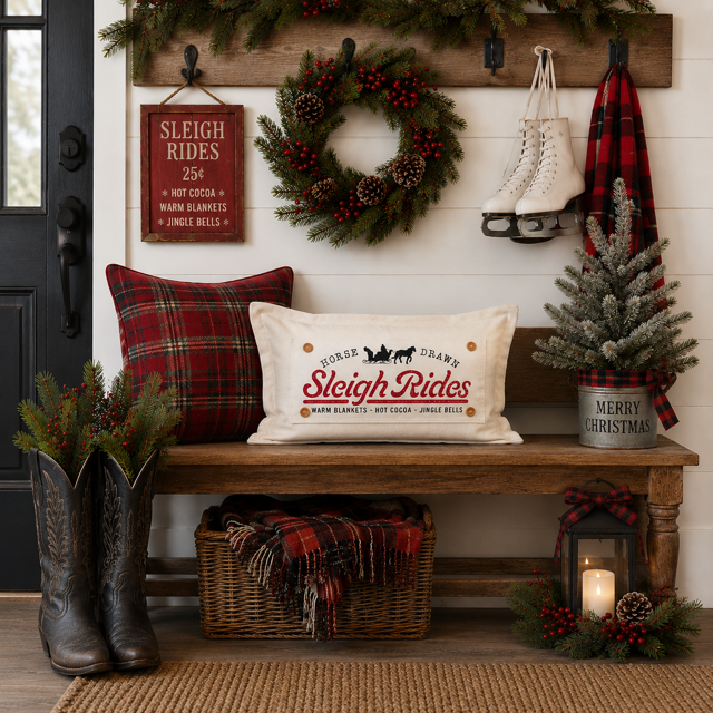 PANEL ONLY: RECTANGLE Winter; Vintage Christmas Santa Sleigh One Horse Drawn Ride; SLEIGH RIDE
