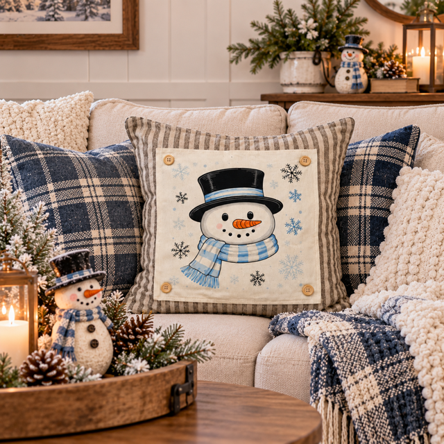 PANEL ONLY: SQUARE Snowflakes Blue Black Winter: SNOWMAN HEAD