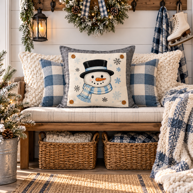 PANEL ONLY: SQUARE Snowflakes Blue Black Winter: SNOWMAN HEAD