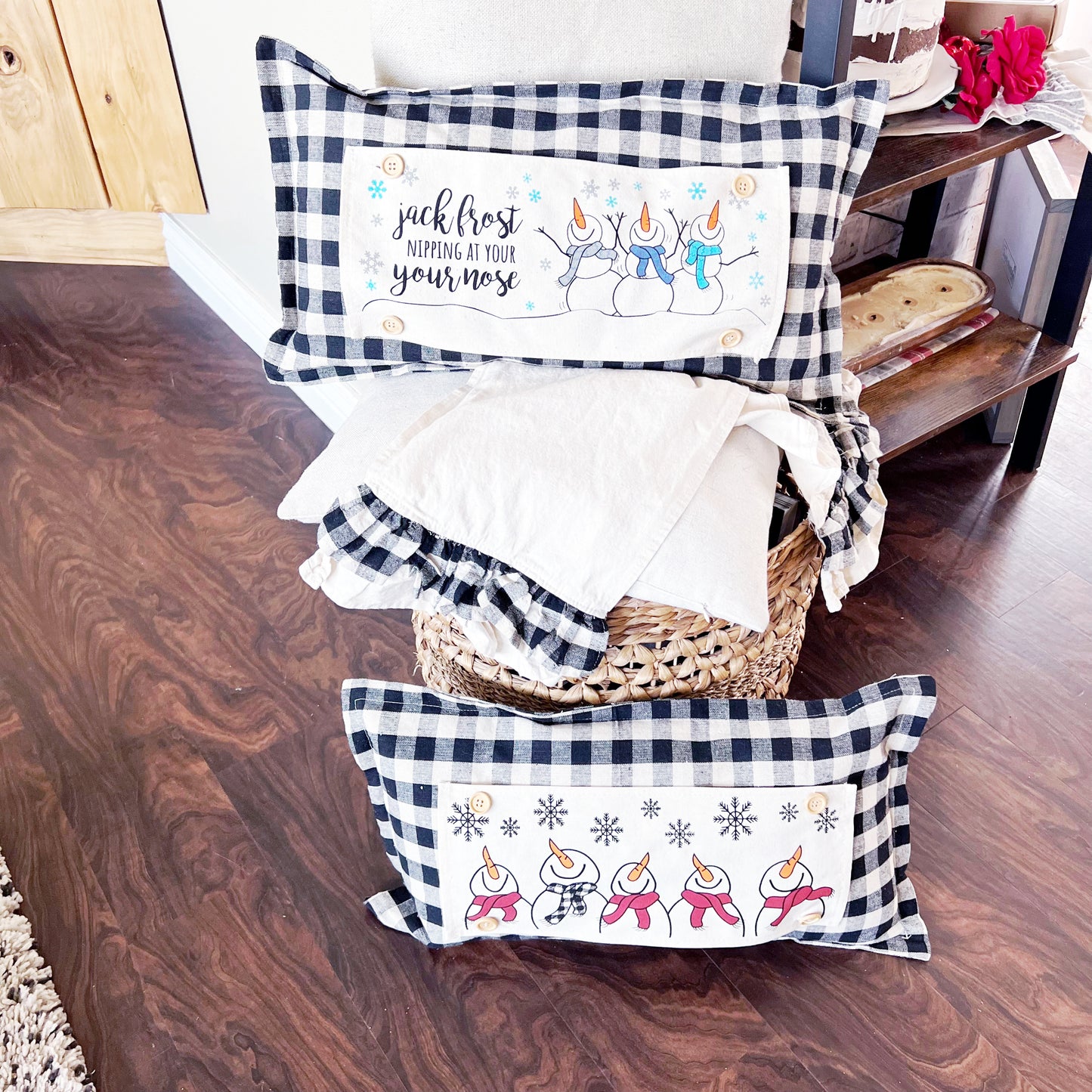 NEW! Custom WINTER Wedding Gift Bundle:  2 seasons + GINGHAM/BUFFALO CHECK pillow + custom last name panel: SNOWMAN SCARVES / XOXO / CUSTOM LAST NAME PANEL