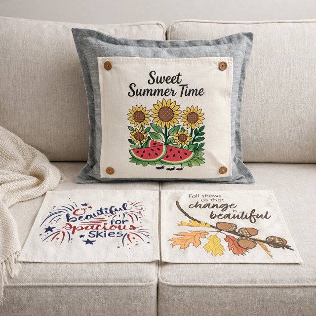 NEW! SQUARE SUMMER/FALL BUNDLE:  3 seasons + CHARCOAL pillow: SWEET SUMMER TIME, SPACIOUS SKIES, ACORN BRANCH
