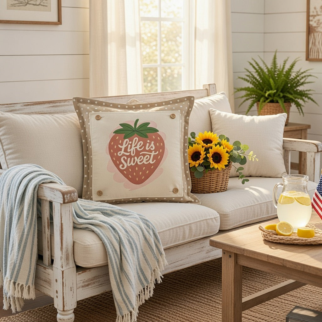 NEW! SQUARE SUMMER/FALL BUNDLE:  3 seasons +TAN POLKA DOT pillow: STRAWBERRY ICE CREAM, LAND THAT I LOVE, PUMPKIN PATCH, CUSTOM PANEL