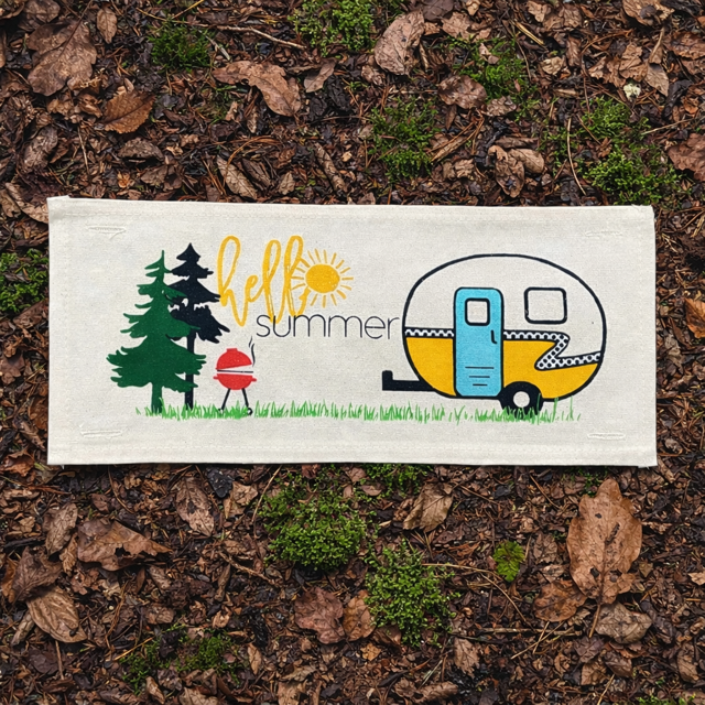 PANEL ONLY: RECTANGLE Hello BBQ Summer Vintage Camping Yellow Sunshine Camper, SUMMER CAMPER