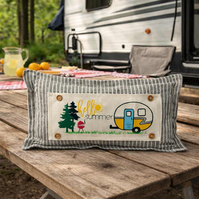 PANEL ONLY: RECTANGLE Hello BBQ Summer Vintage Camping Yellow Sunshine Camper, SUMMER CAMPER