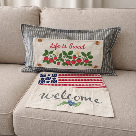NEW! RECTANGLE SUMMER/FALL BUNDLE:  3 seasons + CHARCOAL REC. pillow:  LIFE IS SWEET, BARN QUILT, NEW WELCOME