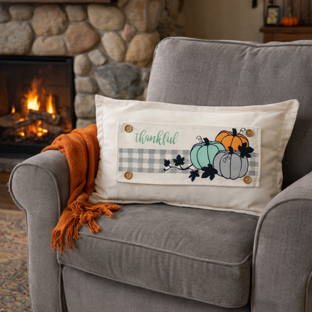 PANEL ONLY: RECTANGLE for throw pillow Autumn Thanksgiving Pumpkins Cider Bless Gratitude Gingham THANKFUL PUMPKIN