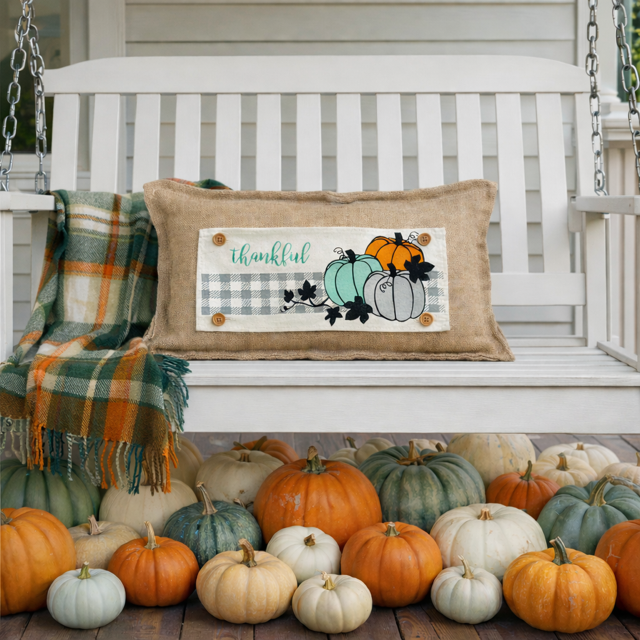 PANEL ONLY: RECTANGLE for throw pillow Autumn Thanksgiving Pumpkins Cider Bless Gratitude Gingham THANKFUL PUMPKIN